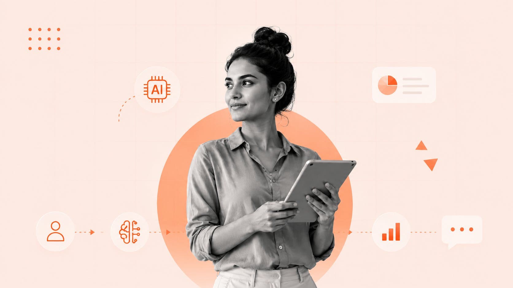 Professional woman holding tablet with AI chip, analytics dashboard, brain icon, and data flow arrows illustrating intelligent automation workflow for business insights.