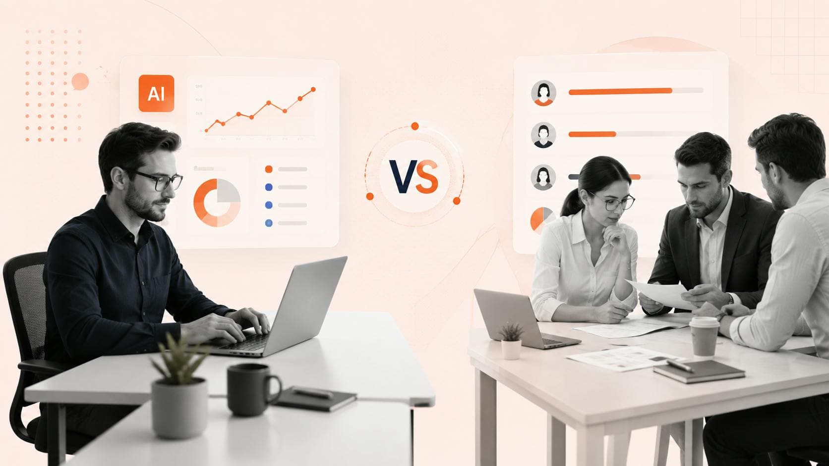 Split-screen comparison of one person working solo with AI-generated dashboards versus a three-person team collaborating over documents