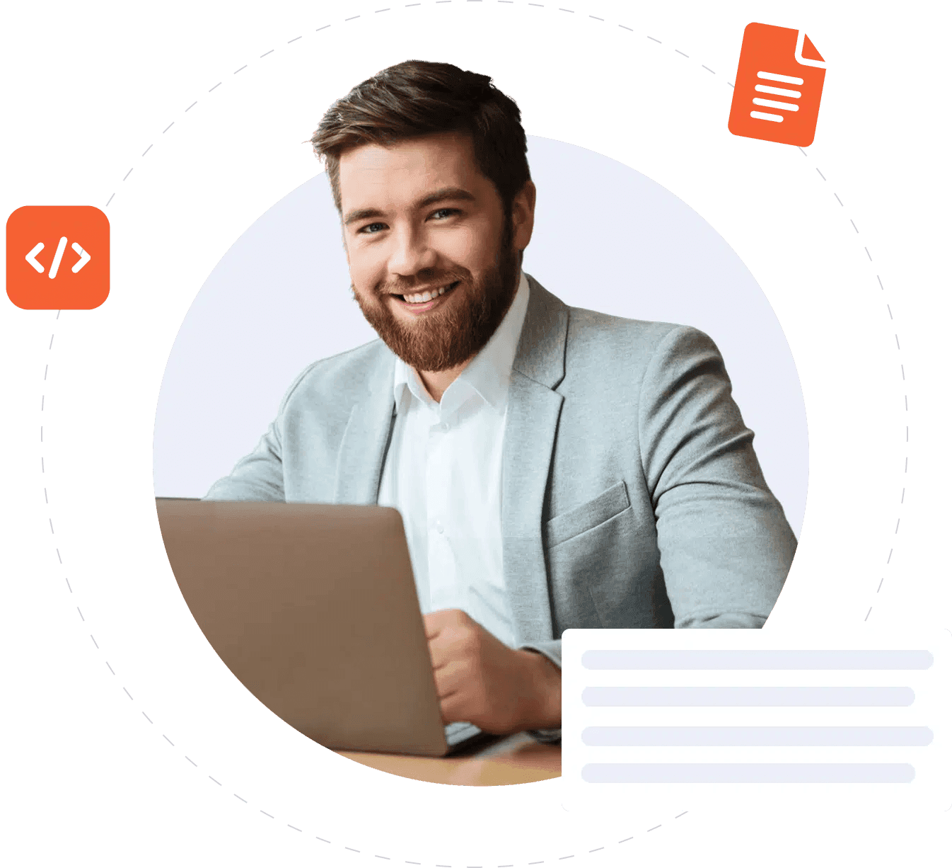A smiling professional sitting with a laptop, representing BeyondLabs' offer to help startups with POCs and MVPs through a free strategy call.