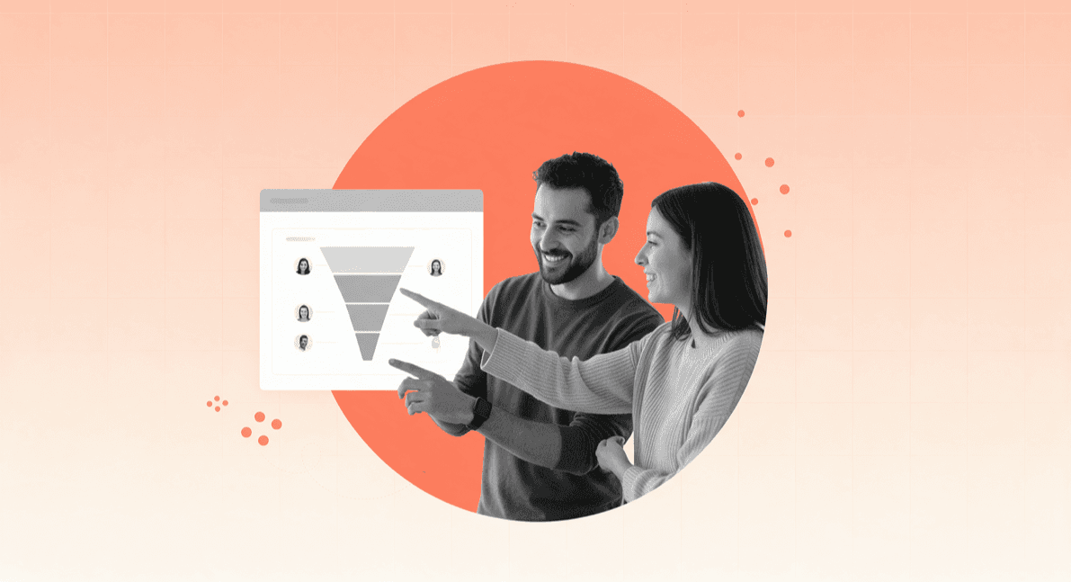 Two product teammates pointing at a product-led growth funnel with user avatars, Beyond Labs