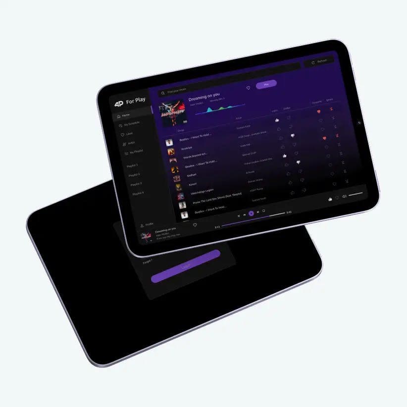 Tablet view of the 4Play music dashboard displaying song list and bottom playbar, crafted by Beyond Labs for seamless music control in bars and restaurants