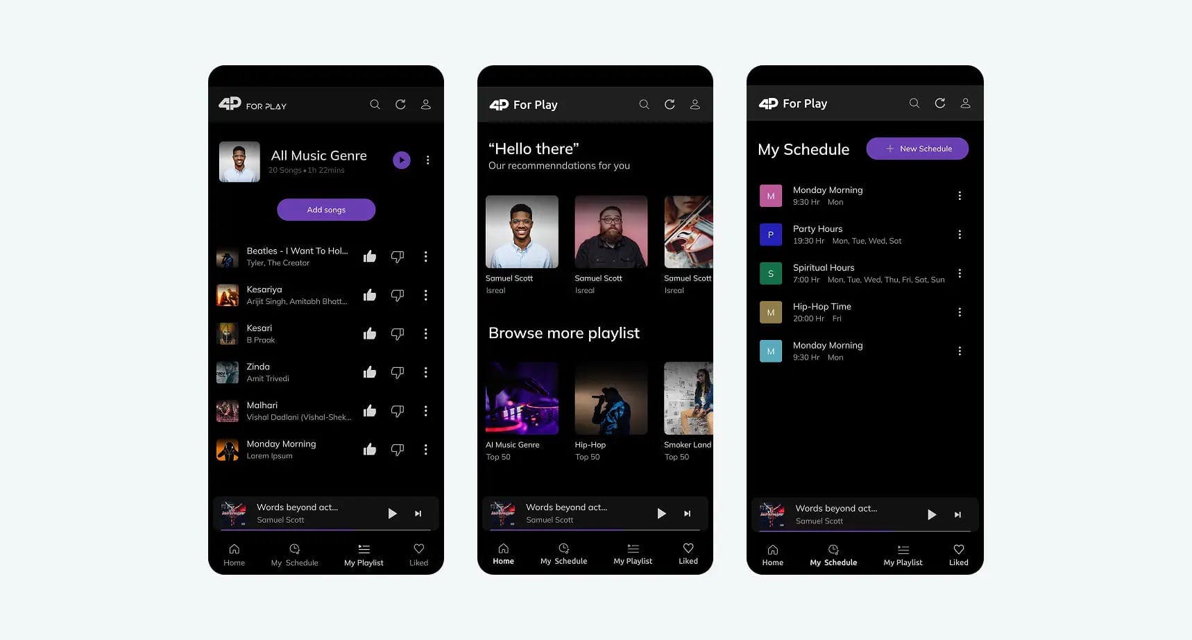 Mobile interface of 4Play app showing playlist, home screen, and favorite songs section, designed by Beyond Labs for on-the-go music control
