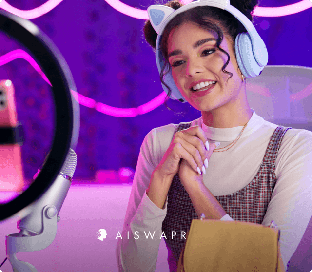 AISWAPR web app thumbnail showing AI face-swapping in video with social media integration, built by Beyond Labs