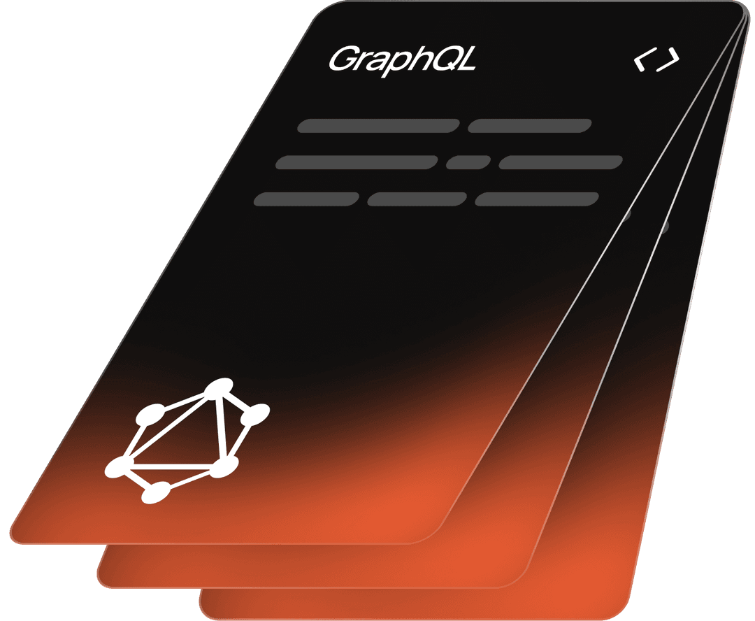 Stacked dark code editor cards with GraphQL branding and an orange-to-black gradient background