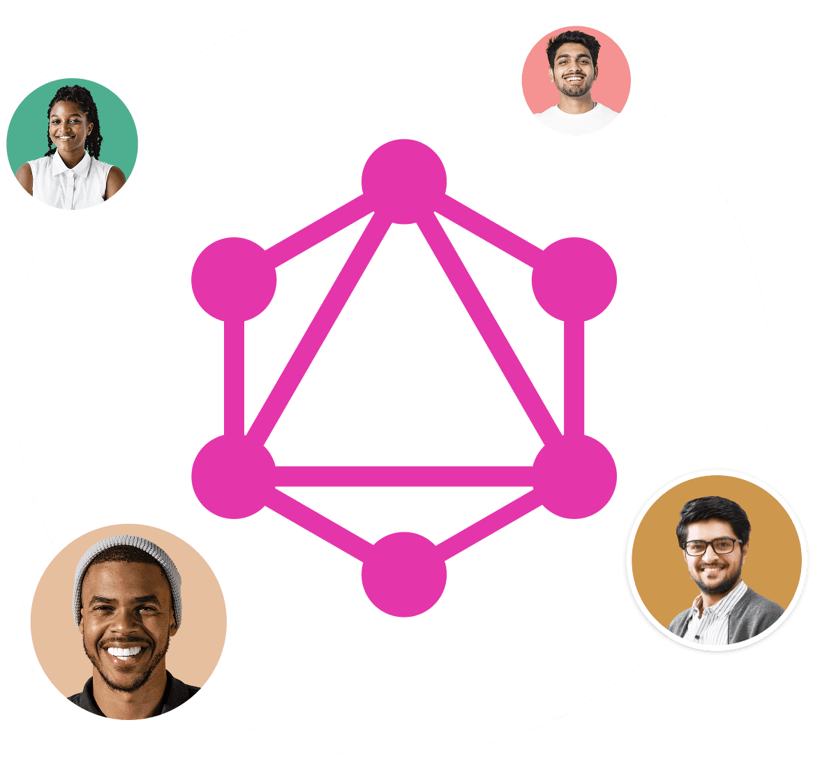 GraphQL logo surrounded by four diverse developer avatars representing the engineering team