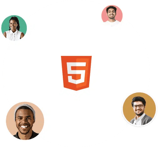 Circular layout showing diverse developers surrounding the HTML5 logo, symbolizing the collaborative and open nature of HTML5 adopted by Beyond Labs.