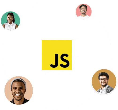 JavaScript logo surrounded by diverse developers indicating global collaboration