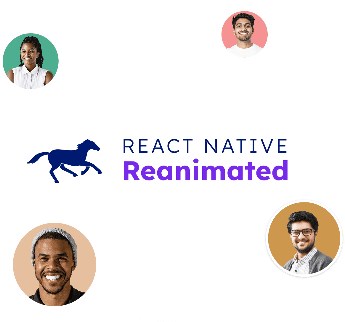 React Native Reanimated horse logo and wordmark centered among four professional headshots representing the development team