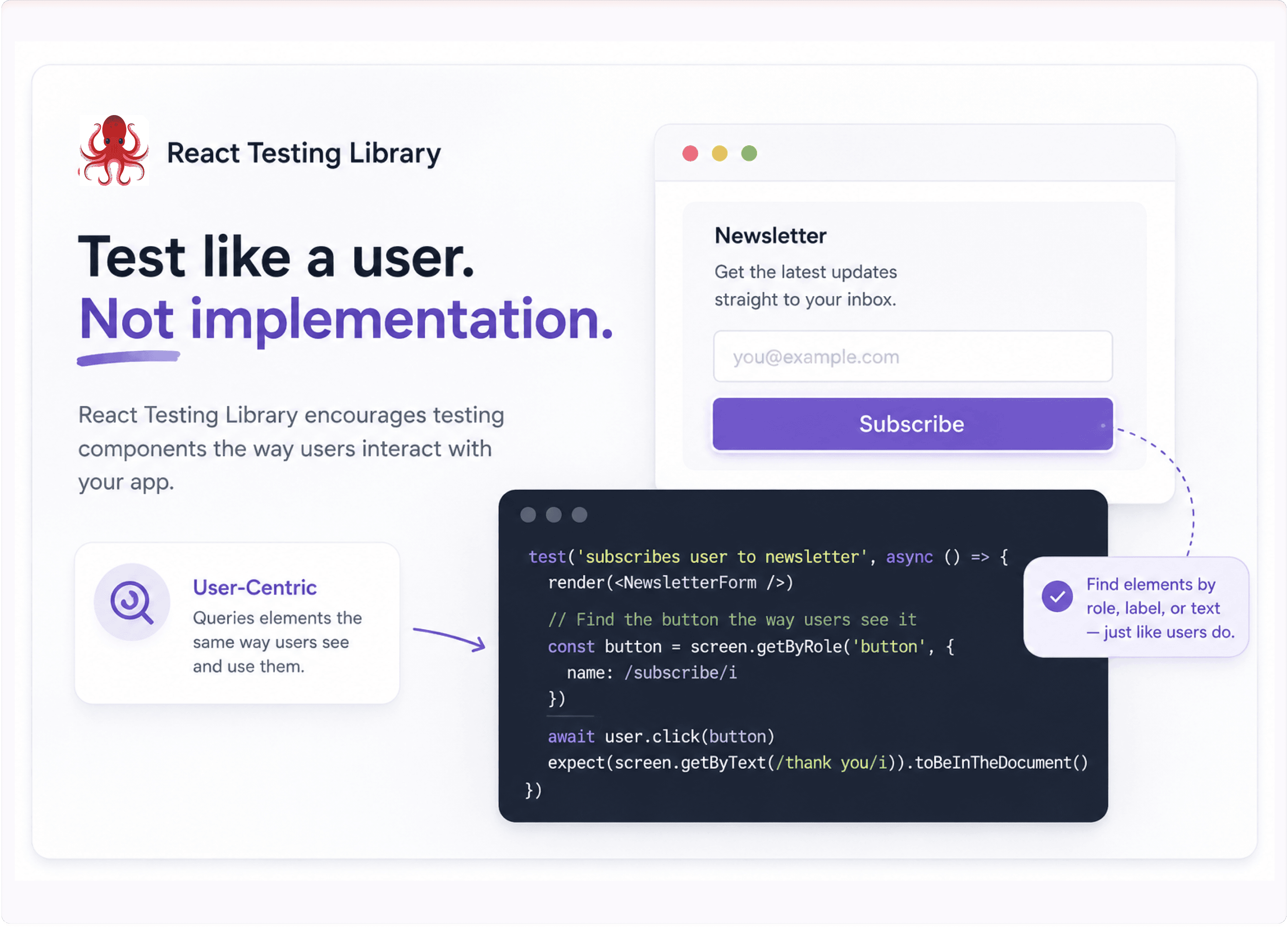 Learn React Testing Library best practices for writing user-centric tests, querying elements by role, label, and text, and building reliable React component tests that focus on real user interactions.