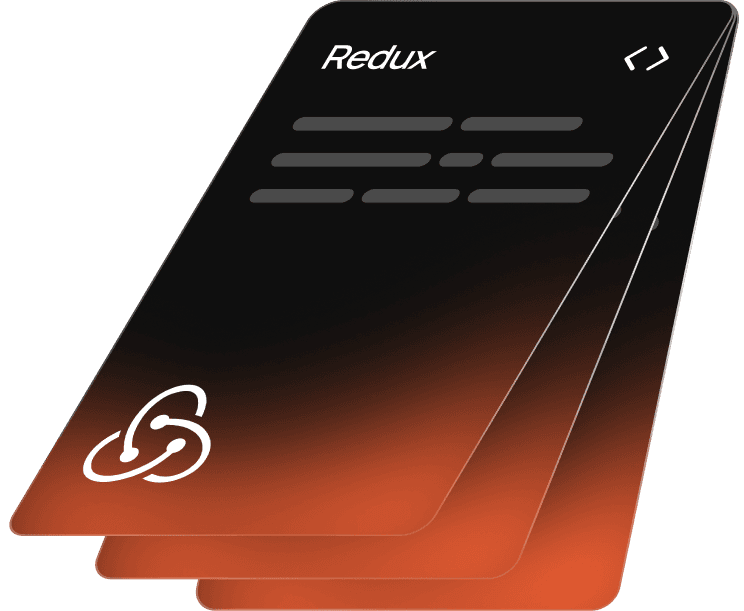 Stylized gradient card stack labeled “Redux" with icon and code block illustration — representing design system layers