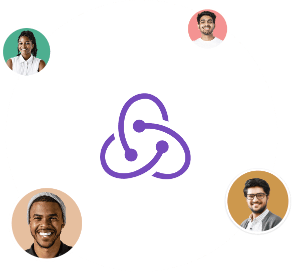 Circular layout with Redux logo in the center and four diverse user profile pictures around it, indicating community or collaboration