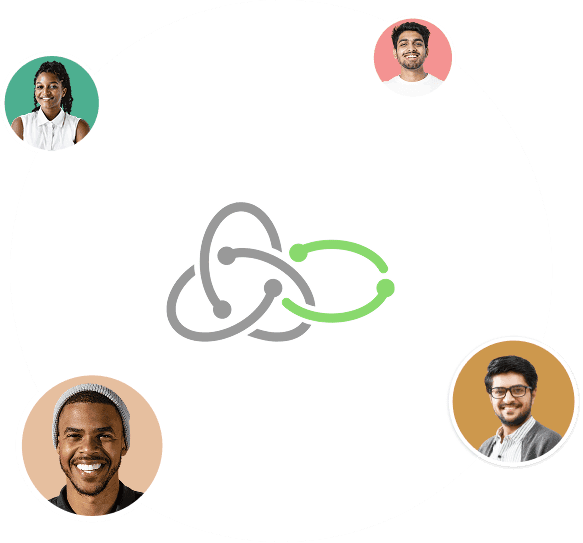 Circular layout with Redux Saga logo in the center and four diverse user profile pictures around it, indicating community or collaboration