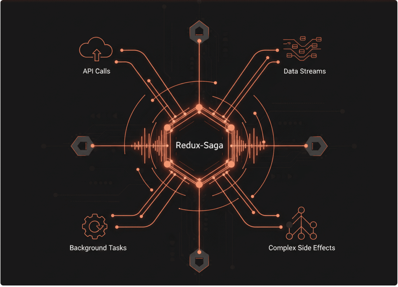 Visual diagram of Redux Saga orchestrating API calls, data streams, background tasks, and complex side effects for scalable app state management.