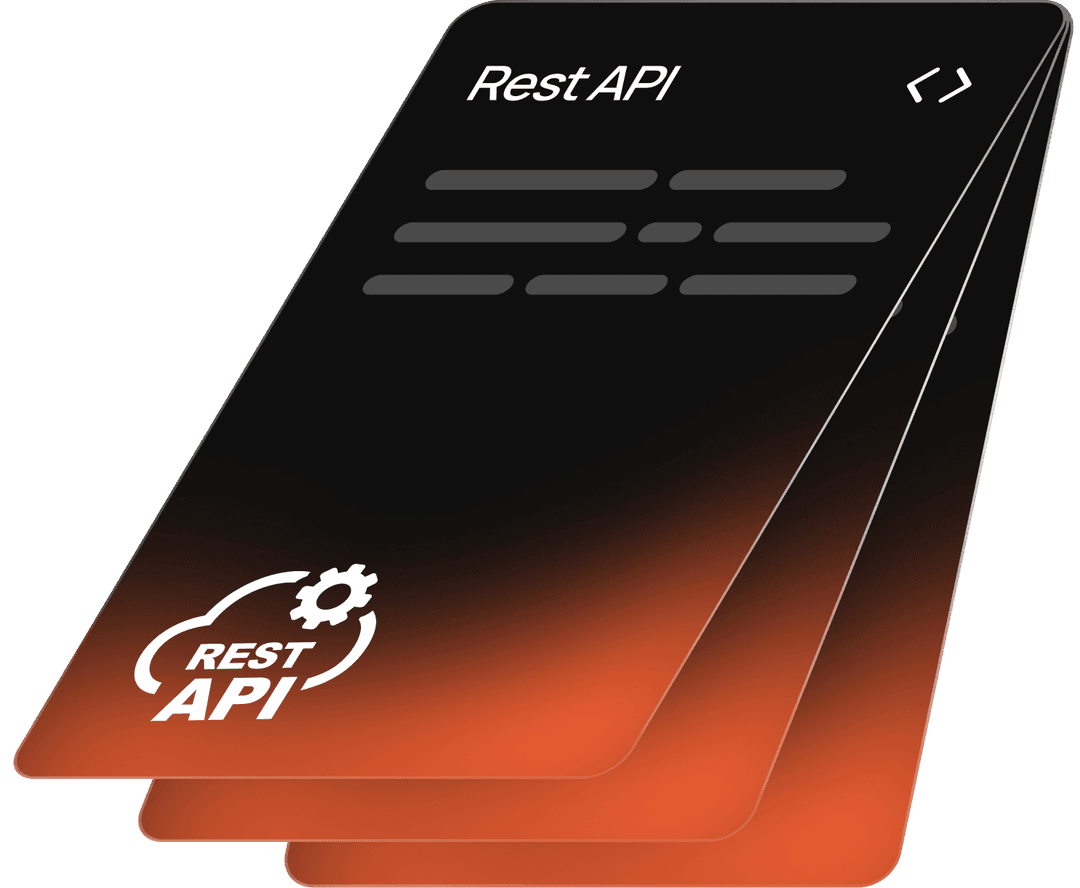 Stacked black and orange gradient cards labeled Rest API representing structured API endpoints and layered data responses