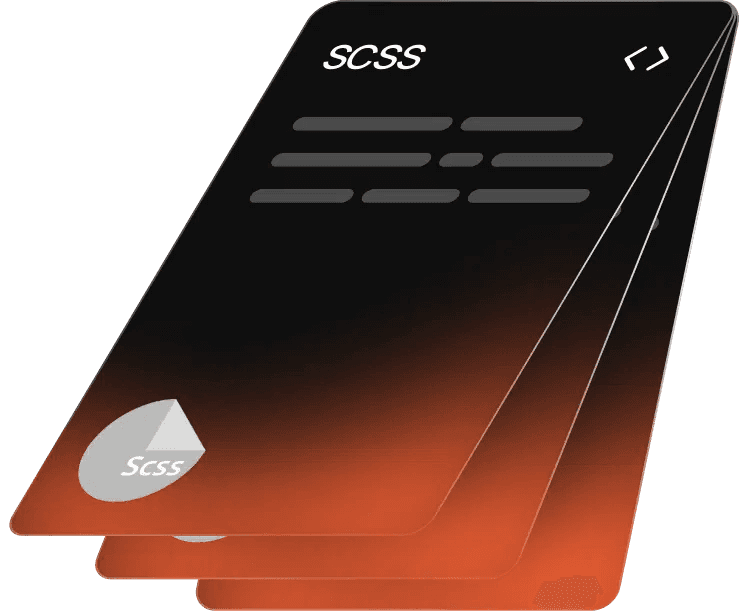 Stylized SCSS UI card stack illustrating modular stylesheet layers with gradient orange-black background.