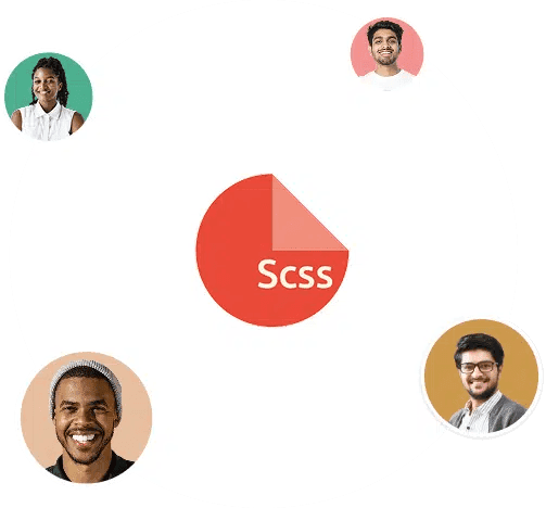 Circular team collaboration graphic showing SCSS at the center with developer avatars around it.