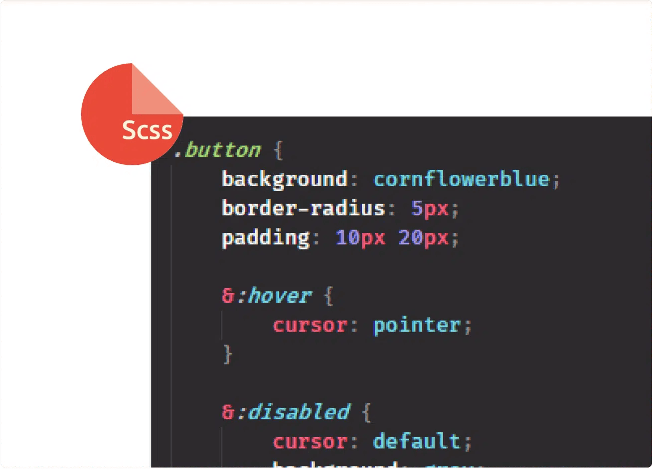 SCSS code snippet showing nested styles, variables, and mixins for modular button styling.
