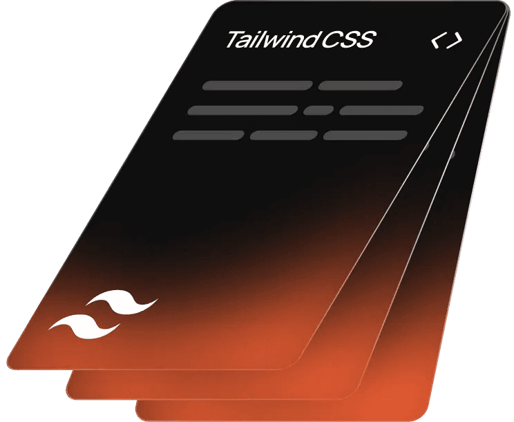 Stylized gradient card stack labeled “Tailwind CSS” with icon and code block illustration — representing design system layers
