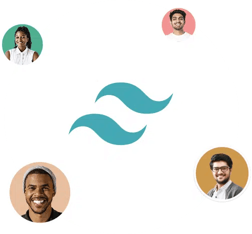 Circular layout with Tailwind CSS logo in the center and four diverse user profile pictures around it, indicating community or collaboration
