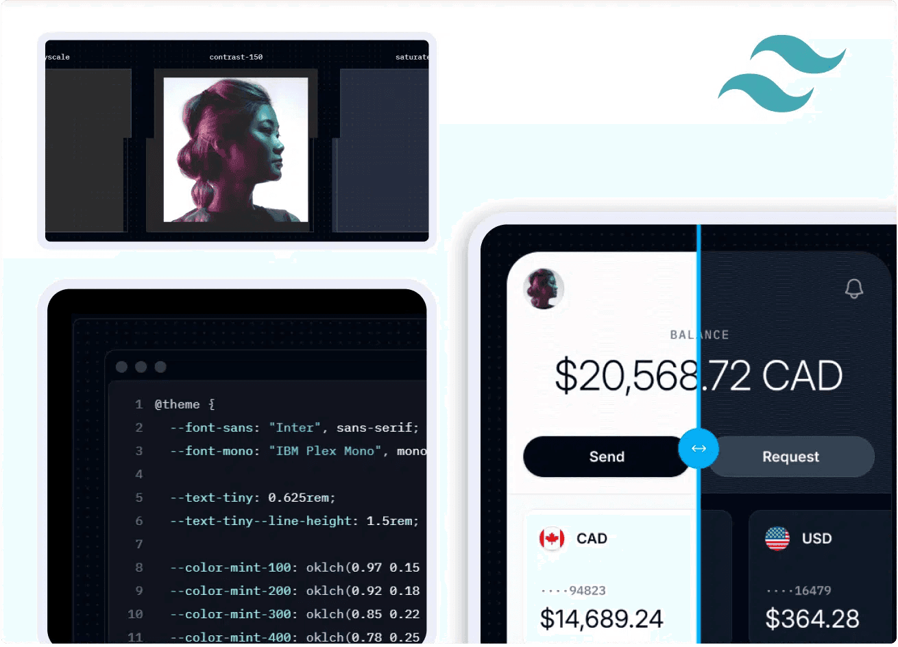 Split screen showing a woman’s profile image editing, code snippets, and a mobile UI wallet interface — all representing Tailwind CSS capabilities