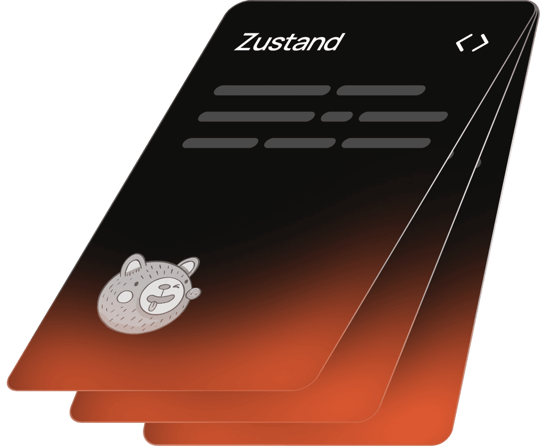 Stylized UI cards with Zustand branding, symbolizing lightweight state management layers.
