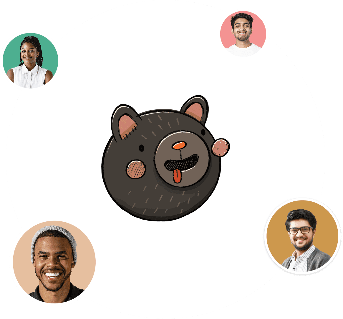 Cartoon bear mascot in center with user avatars around it, representing shared/global state.