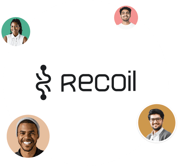 Circular layout with Recoil logo in the center and four diverse user profile pictures around it, indicating community or collaboration