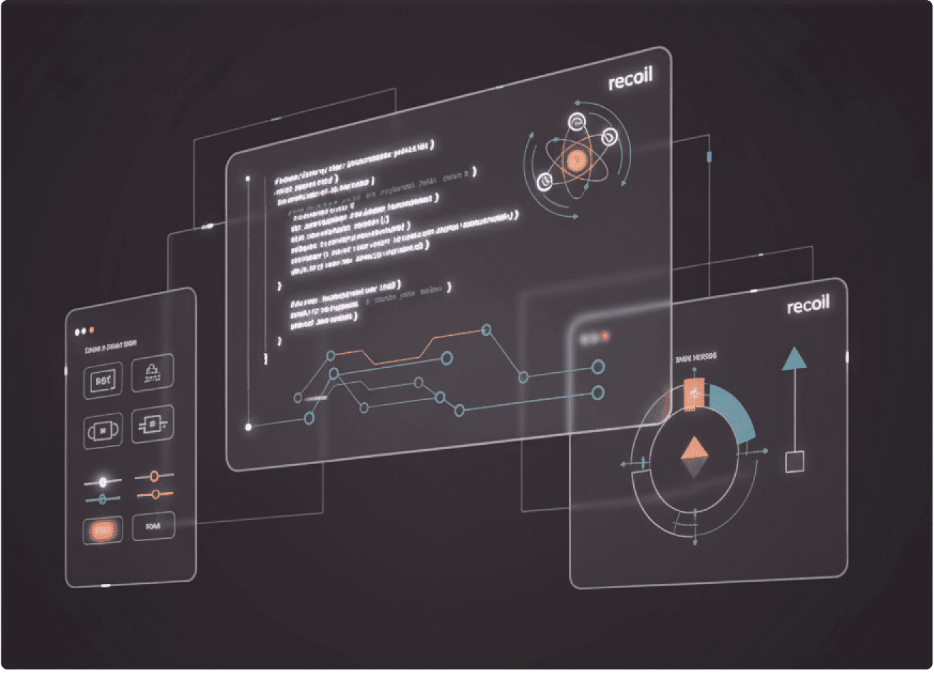 smooth futuristic recoil ui dashboard showing code graph and atom visualization for state management by Beyond Labs