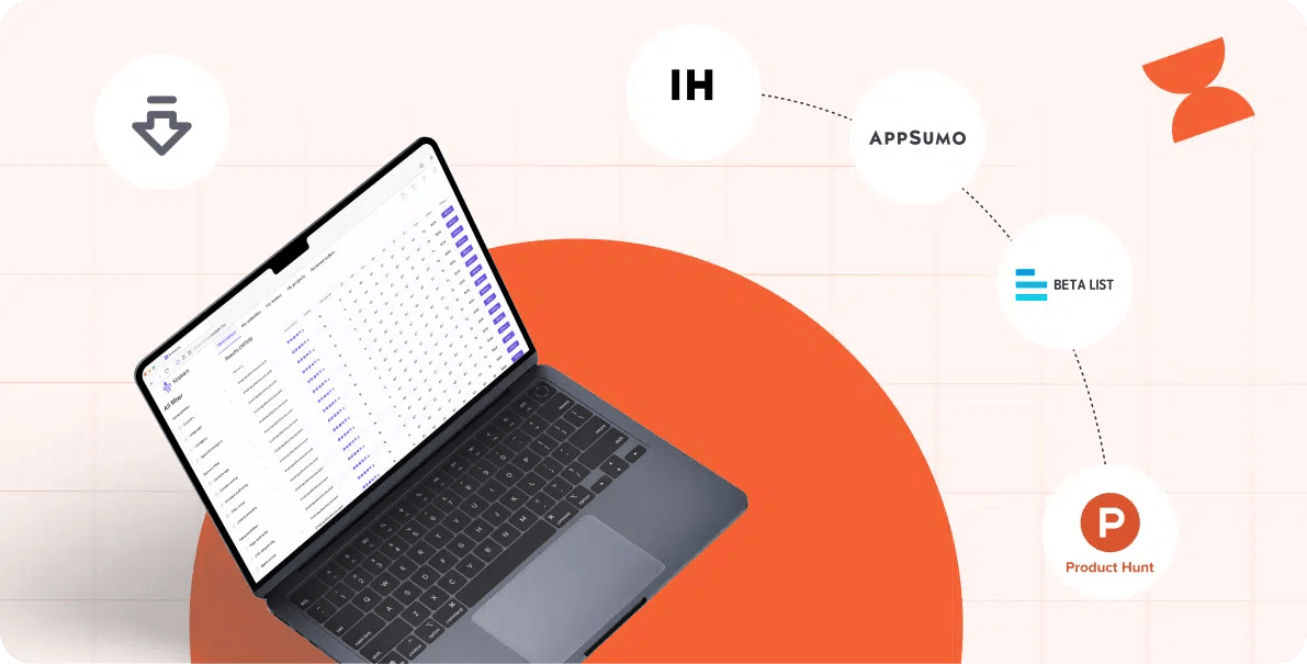 Laptop showing analytics dashboard with logos of Product Hunt, AppSumo, BetaList, Indie Hackers—illustrating SaaS launch on top directories.
