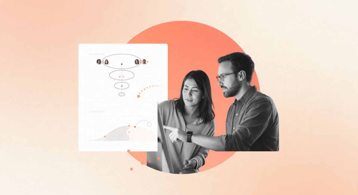 Two product teammates pointing at a product-led growth funnel on a screen