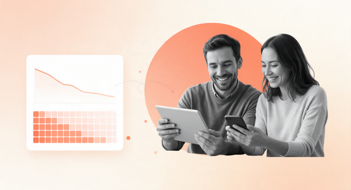 Two product teammates reviewing a SaaS retention curve and cohort grid on a tablet and phone